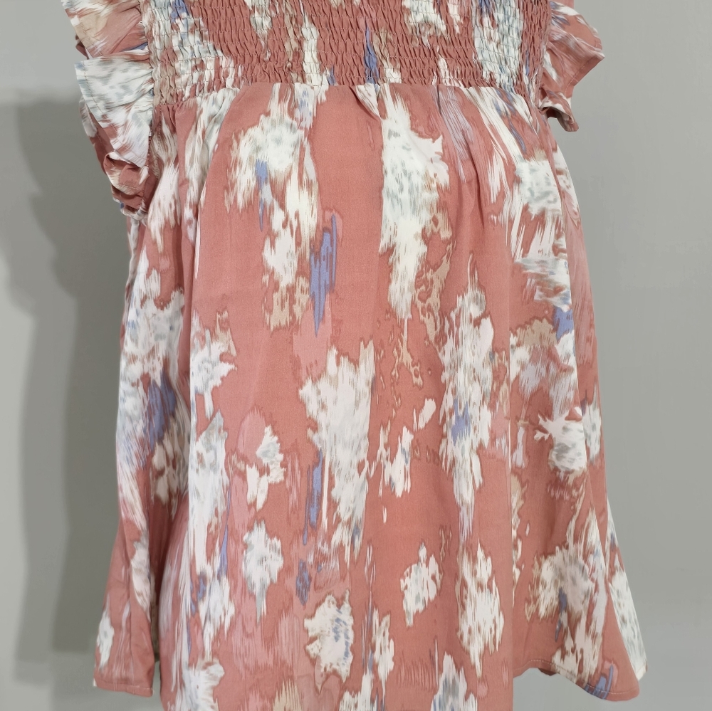 Hayden NWT Pink-Coral Watercolor Smocked Top Ruffled Top Women's Size Small - Picture 3 of 11